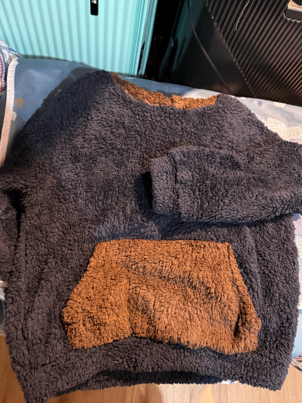 EUC - Kid’s Navy and Brown Sherpa Pullover Sweater